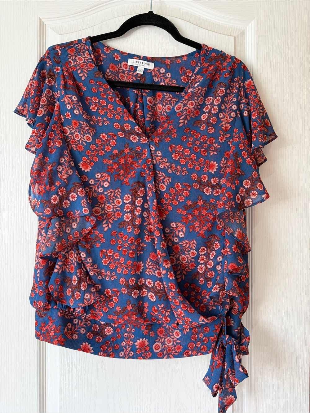 Liverpool Blue Wrap Blouse with Red Floral Print